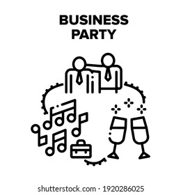 Business Party Vector Icon Concept. Business Party Of Company Employees, Listening Music, Dancing And Drinking Alcoholic Drinks. Team Toasting With Champagne Glasses Black Illustration