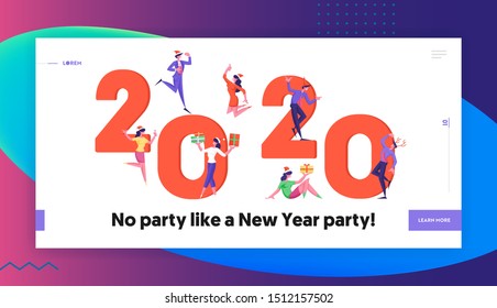 Business Party Website Landing Page. Office New Year Celebration. Joyful Characters in Santa Hats Celebrating Corporate Event at Huge 2020 Typography Web Page Banner. Cartoon Flat Vector Illustration