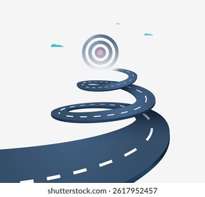 Business path, life goals, winding road leading to a high goal. Concept of planning, strategy, future and ambitions. Vector illustration.