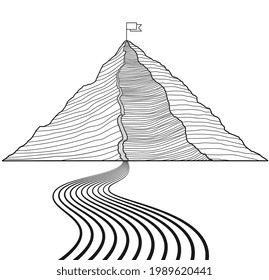 Business path to success to the top. Concept achieving goals,  growth plan, journey to success, route climbing to top mountain. Mountain journey route with flag to peak.