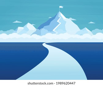 Business path to success to the top. Concept achieving goals, route climbing top mountain. Mountain journey route with flag to peak.