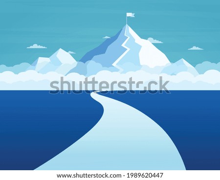 Business path to success to the top. Concept achieving goals, route climbing top mountain. Mountain journey route with flag to peak.