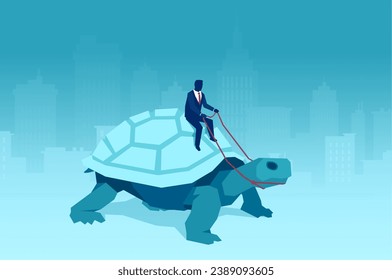 Business patience and strategy of long term financial strategy concept. Vector of a business man riding a slow turtle 