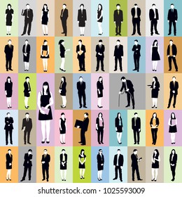 Business pattern. Large collection of silhouettes of standing businesspeople over various colorful backgrounds.