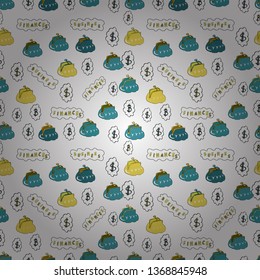 Business pattern on blue, white and yellow background. Bitcoin. Dollars. Vector. Seamless business pattern.
