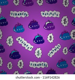 Business pattern on violet, white and blue background. Seamless business pattern. Bitcoin. Vector. Dollars.