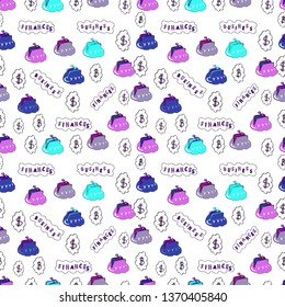 Business pattern on white, violet and blue background. Vector. Seamless business pattern. Dollars. Bitcoin.