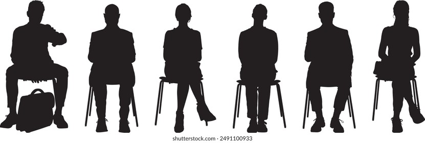 Business peiple sitting on conference or other meeting silhouette. Students sitting on the chairs vector illustration