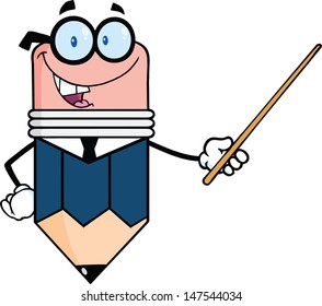 Business Pencil Cartoon Character Holding A Pointer