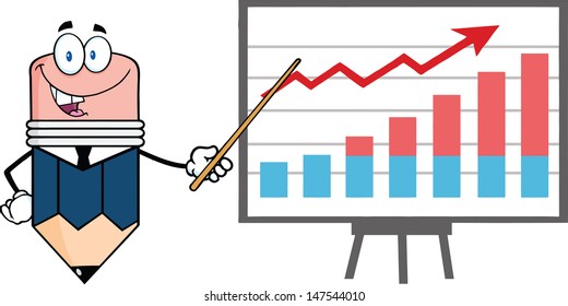 Business Pencil Cartoon Character With Pointer Presenting A Progressive Chart