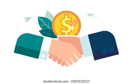 Business, pennies. Contract, handshake between business businessmen, work, palms, teamwork, finance, bank, profit, exchange. Get a high-paying job, people. Money gold dollar coins. Vector illustration