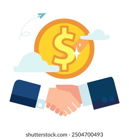 Business, pennies. Contract, handshake between business businessmen, work, palms, teamwork, finance, bank, profit, exchange. Get a high-paying job, people. Money gold dollar coins. Vector illustration