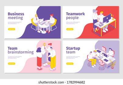 Business people 4 isometric web banners with startup team meeting brainstorming effective teamwork collaboration vector illustration 