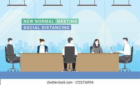 Business people 5 persons meeting lifestyle after pandemic covid-19 corona virus. New normal is social distancing and wearing mask. Distance concept in office conference room. Flat style vector.