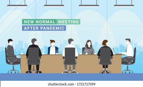 Business people 7 persons meeting lifestyle after pandemic covid-19 corona virus. New normal is social distancing and wearing mask. Flat design style vector concept