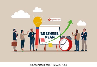 Business people about to write business plan on whiteboard. To list idea, strategy and develop plan to success and win business. Flat vector illustration.