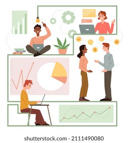 Business people abstract concept. Young men and women work on laptops, analyze financial statistics and promote company. Employees increase income or profit. Cartoon flat vector illustration