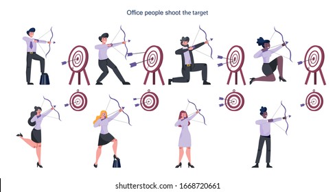 Business people aiming in target and shooting with arrow set. Employee shoot the target. Ambitious man and woman shooting. Idea of success and motivation. Vector illustration in cartoon style