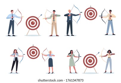 Business people aiming in target and shooting with arrow set. Employee shoot the target. Ambitious man and woman shooting. Idea of success and motivation. Vector illustration in cartoon style