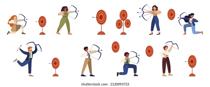 Personas de negocios apuntando en blanco y disparando con un juego de flecha. El empleado dispara al objetivo. Un hombre y una mujer ambiciosos disparando. Idea de éxito y motivación. Ilustración vectorial en estilo de caricatura