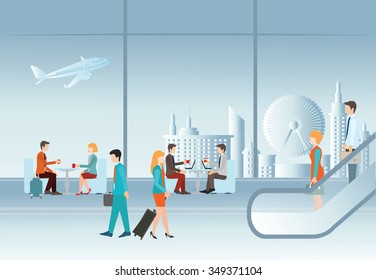 Business people in airport terminal. travel concept,Traveler and departure, transportation passenger, luggage and baggage, journey vector illustration.