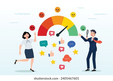 Geschäftsleute analysieren Social-Sentiment-Dashboard, Stimmungsanalyse auf Kundenfeedback, Markenimage oder Positiv-Review, Social Voice-, Rating- oder Meinungsbericht, Reaktion oder Umfrage (Vector)