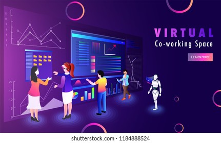 Business people analysis or performing same task at distant place, Virtual Co-Working Space concept based web template design.