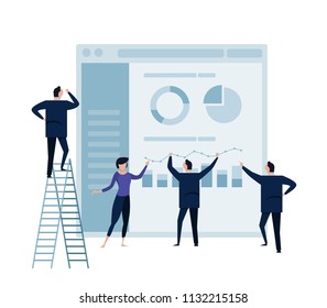 business people analytics graph on monitor and people business team working concept vector illustration