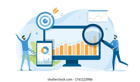 análisis y supervisión de usuarios de negocios en informes web concepto de monitor de tablero y diseño de ilustración vectorial para el fondo de banner de aterrizaje web 