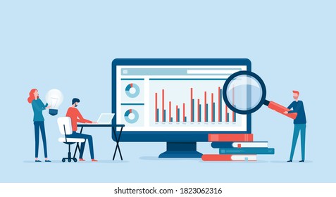 análisis y supervisión de usuarios de negocios en informes web concepto de monitor de tablero e ilustración vectorial reunión de trabajo del equipo de personas de negocios