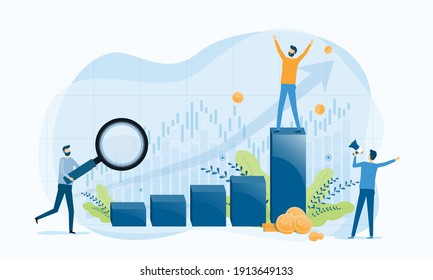 business people analytics and monitoring on business graph concept and business finance investment success concept.  flat vector illustration design for web landing page banner background.