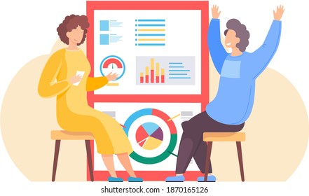 Business people analyze report graph and investment plan. Characters sit and play cards. Guy happily raises his hands. Managers work with technology in the background. Girl thinks over the next move