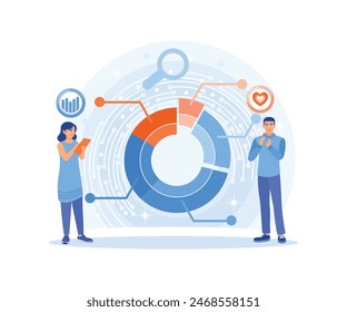 Business people are analyzing charts. Discuss targeting strategies. Market Research concept. Flat vector illustration.