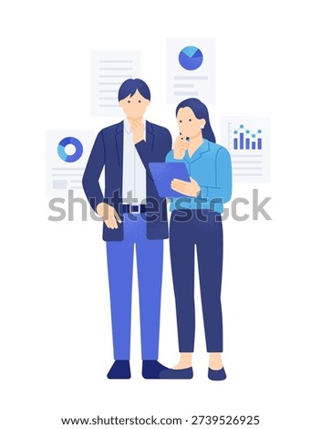 Business people analyzing data with background graphs. Vector illustration of a man and woman sharing information on a tablet.