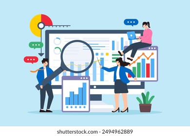 Business people analyzing data charts and graphs on computer screen vector illustration