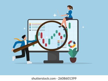 Business People Analyzing Digital Marketing Data with Candlestick Chart on Computer Screen Using Magnifying Glass for Financial Report and Performance Metrics Evaluation.
