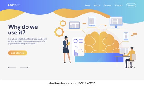 Business people analyzing efficiency. Brain, devices, infographics. Efficiency concept. Vector illustration can be used for topics like business, work, time management