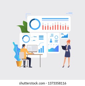 Business people analyzing financial charts on computers. Analysis, management, technology concept. Vector illustration can be used for topics like business, analytics, finance