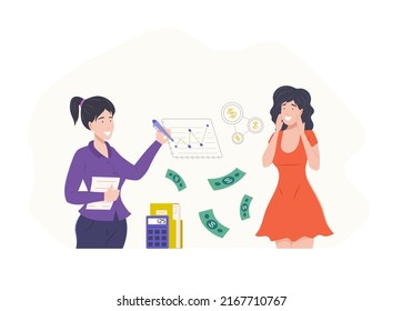 Business people analyzing financial data and calculating income. Female financial manager accountant scheduling business plan, researching data analysis. Strategy and efficiency management flat vector