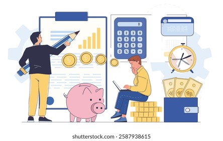 Business people analyzing financial data with charts, graphs, a piggy bank, and coins. Modern flat style on a white background. Concept of investment and savings. Vector illustration