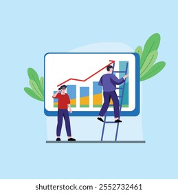 Business people analyzing growing chart and financial data on large screen. Flat vector illustration of team working on business analytics, performance metrics, and data visualization.