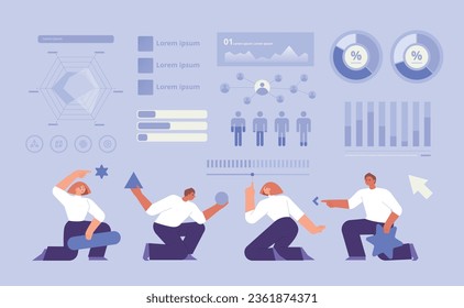 Business people are analyzing infographic data material. Various graphs are constructed on them.  flat vector illustration.