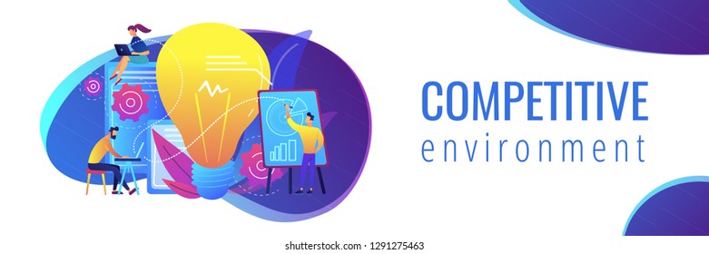 Business people analyzing and lightbulb. Competitive intelligence and environment, information and marketplace analysis concept on white background. Header or footer banner template with copy space.