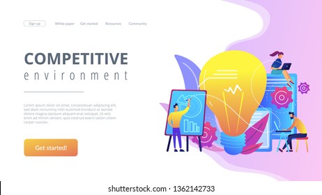 Business people analyzing and lightbulb. Competitive intelligence and environment, information and marketplace analysis concept on white background. Website vibrant violet landing web page template.