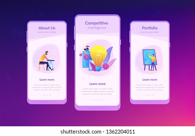 Business people analyzing and lightbulb. Competitive intelligence and environment, information and marketplace analysis concept on white background. Mobile UI UX GUI template, app interface wireframe