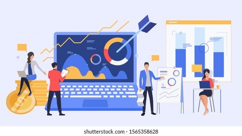 Business people analyzing marketing reports. Managers presenting diagrams vector illustration. Business and analysis concept for banner, website design or landing web page