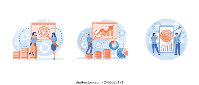 Business people analyzing sales data. Improve marketing with SEO optimization. Increase marketing targets and company performance. Marketing Business concept. Set flat vector illustration.