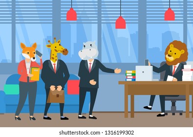 business people with animals head meeting in office