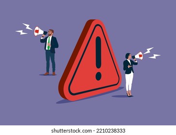 Business people announce on megaphone with attention exclamation sign. Important announcement, breaking news or urgent message communication, alert and beware. 