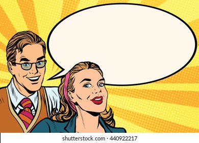 Business People Announcement Advertising Pop Art Poster, Retro Vector. A Man And A Woman Announce